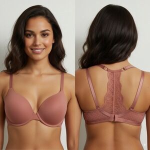 Victoria's Secret 38DD‎ Full Coverage Push Up Bra Lace Racerback Mauve Pink Mesh